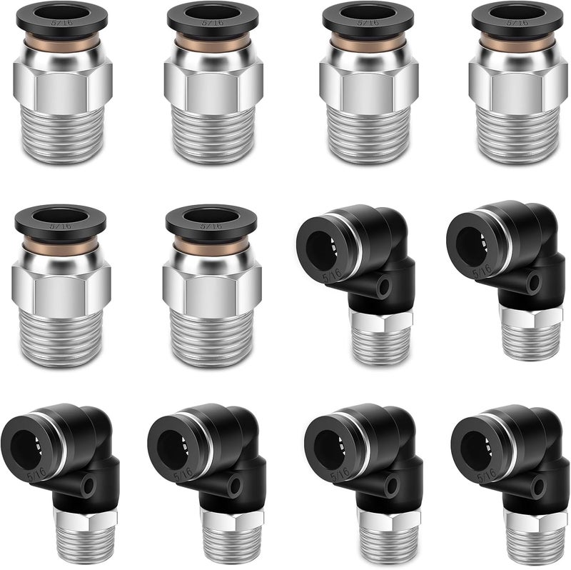 cnaodun 12 Pcs Push to Connect Fittings 5/16 Inch Tube OD x 1/4 Inch NPT Thread Pneumatic Male Straight and Elbow Quick Connect Air line fittings - Image 1
